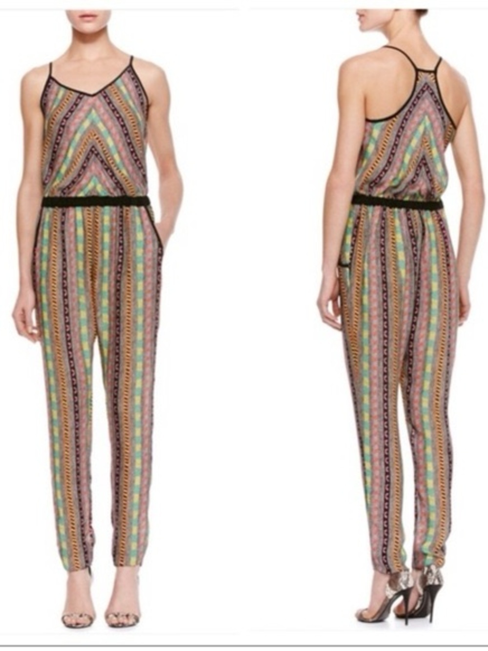 Milly Silk Aztec Colorful Striped Sleeveless Jumpsuit Size 8